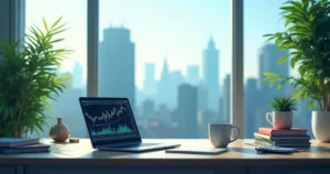 Cena de escritório moderno com laptop, gráficos financeiros, livros sobre economia e vista da cidade.
