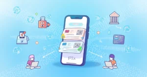 Ilustração digital do sistema de pagamento Pix, mostrando funcionalidades modernas e ícones relacionados.