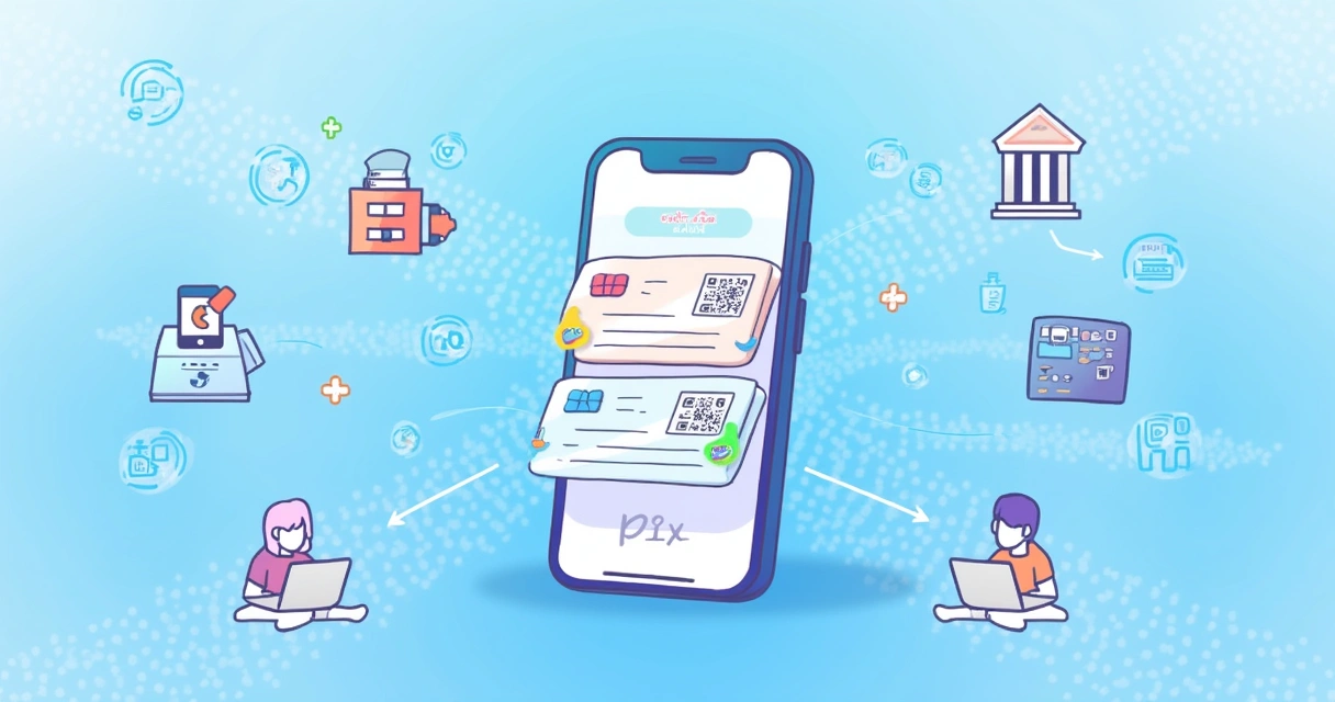 Ilustração digital do sistema de pagamento Pix, mostrando funcionalidades modernas e ícones relacionados.